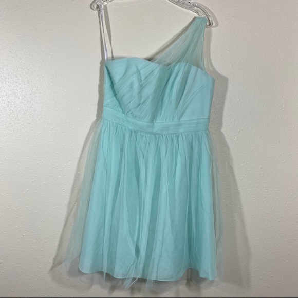 David’s Bridal Dress One Shoulder Fit Flare Dress pleated chest Blue/Green Mini - Picture 3 of 13